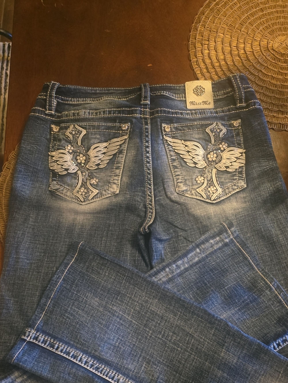 Miss Me Blue Boot Cut Jeans with Embroidered Wing Pockets